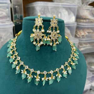 Silver Foil Polki Gold Pearl Monalisa Beaded Necklace Earring Set