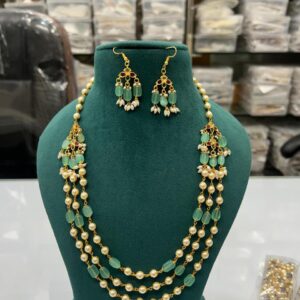 Handmade 3-Layer Mint Green Bead & Pearl Necklace Set,