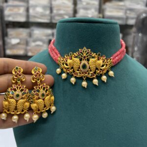Antique Gold Peacock Choker Set with Pink Beads