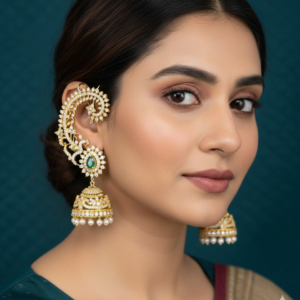 Gold-Plated Emerald CZ Earcuff Jhumka Earrings